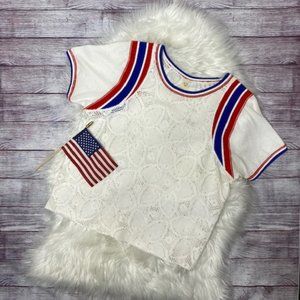 FREE PEOPLE Mimi Tee Lace Red White Blue T-Shirt